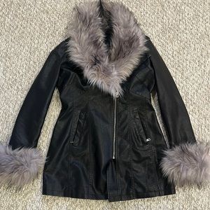 Fur trim leather pea coat